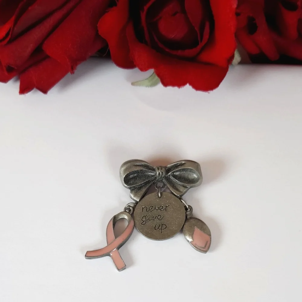 Longaberger Never Give Up Pink Ribbon & Silver Bow Brooch